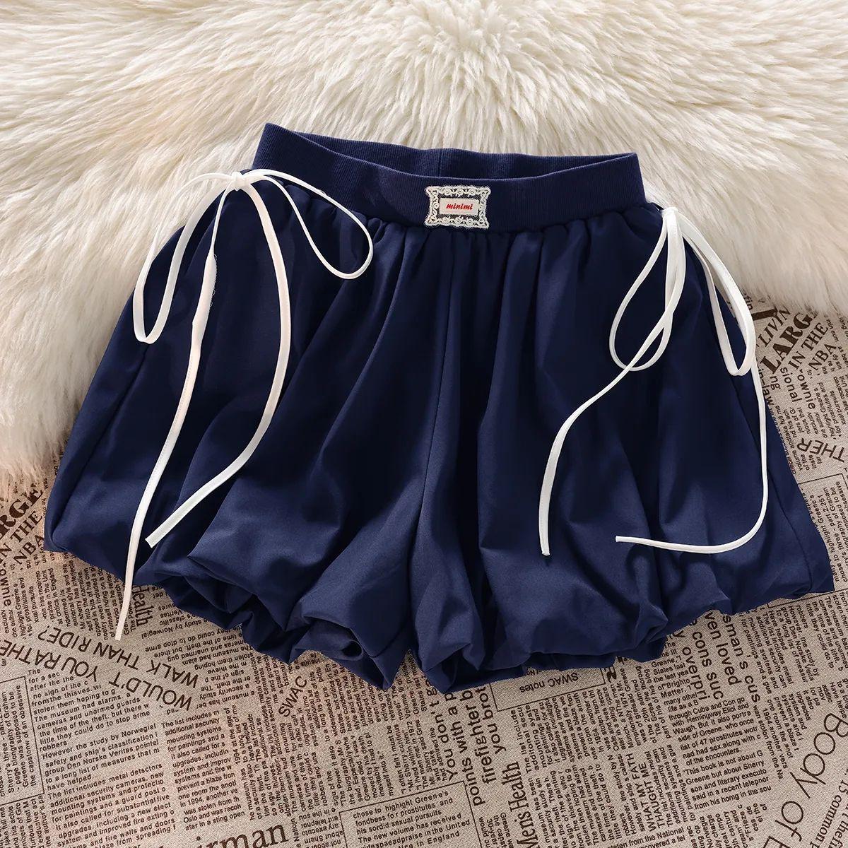 

Women s Dark Blue Floral Shorts with Lace-Up Bowknot, Summer 2026 Slim Fit Wide-Leg Design. S (suggested for 40-50kg) темно-синий