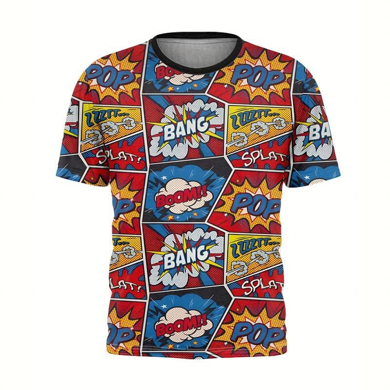 Cartoon Text Graffiti Graphic T-Shirts Summer  Round Neck  Hip Hop Street Short Sleeves Tops