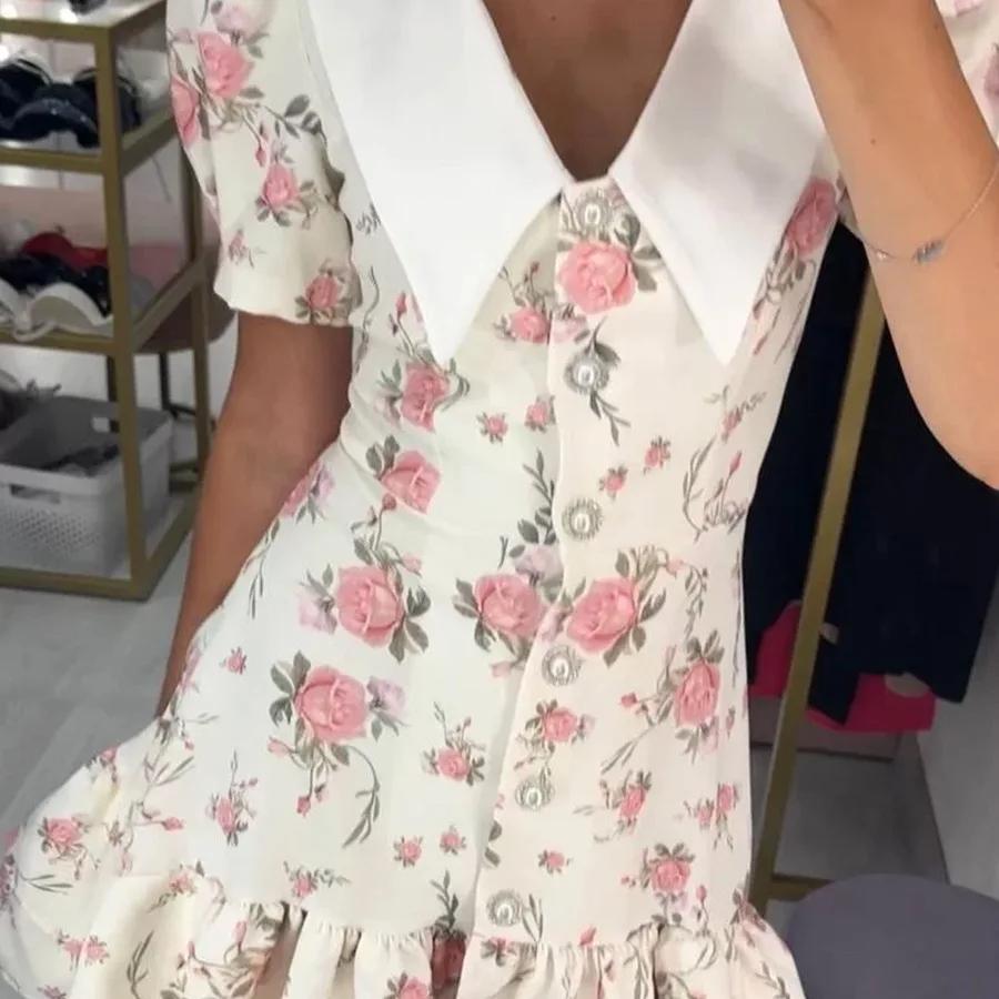 LYRIA Print Puff Sleeves Ruffled Dress Women's V-Neck High Waist Pearl Buttons Mini Dress Female Casual Vacation Fashion Dress