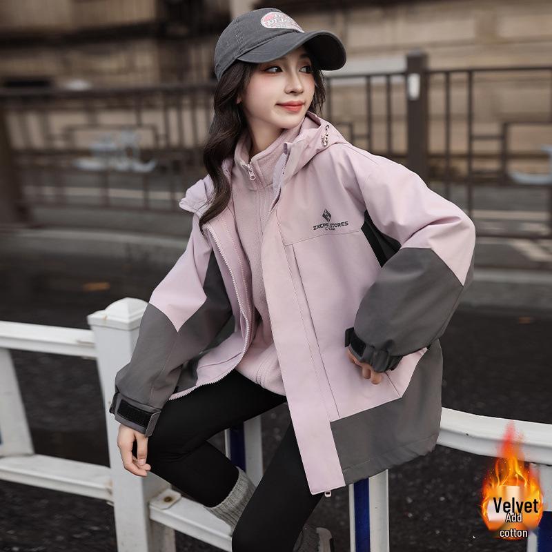 Girls' Fleece-Lined 3-in-1 Detachable Windbreaker Jacket, 2024 Autumn/Winter Style, Big Child Outdoor Thickened Coat.
