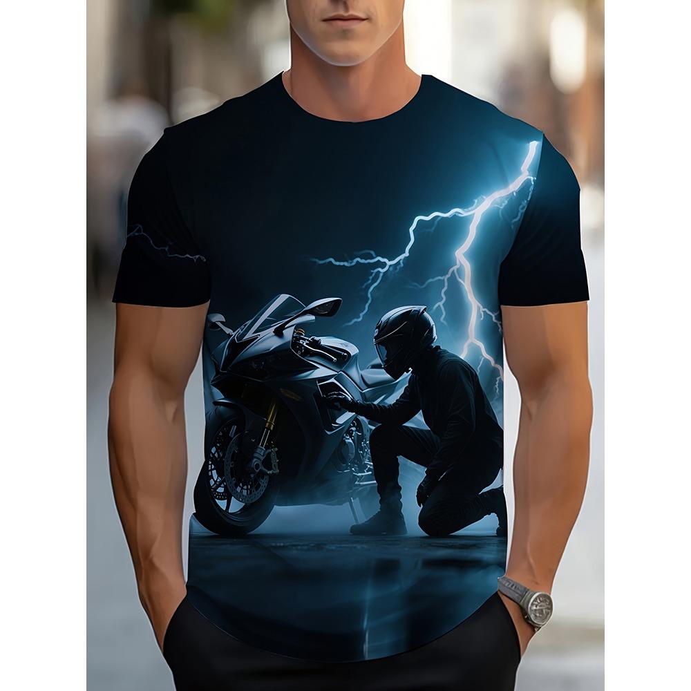 3D Motorcycle Printed Men's Casual Short-sleeved Shirt Urban Street Style Men's Fashionable T-shirt Street Sports Casual T-shirt
