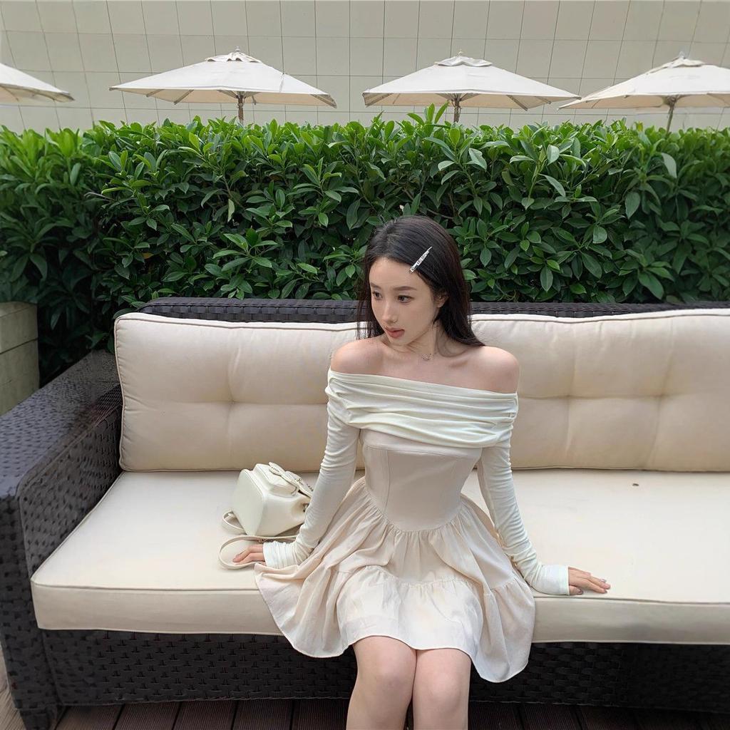 Temperament Socialite High-end Sexy One-word Shoulder Dress Women's New Slim and Thin Tutu Dress Black Birthday Dress