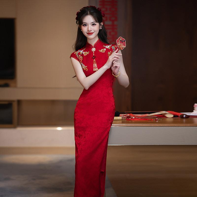 Red Embroidery New Chinese Sleeveless Long Improved Cheongsam Women's Premium Bridal Toast Engagement Door Dress
