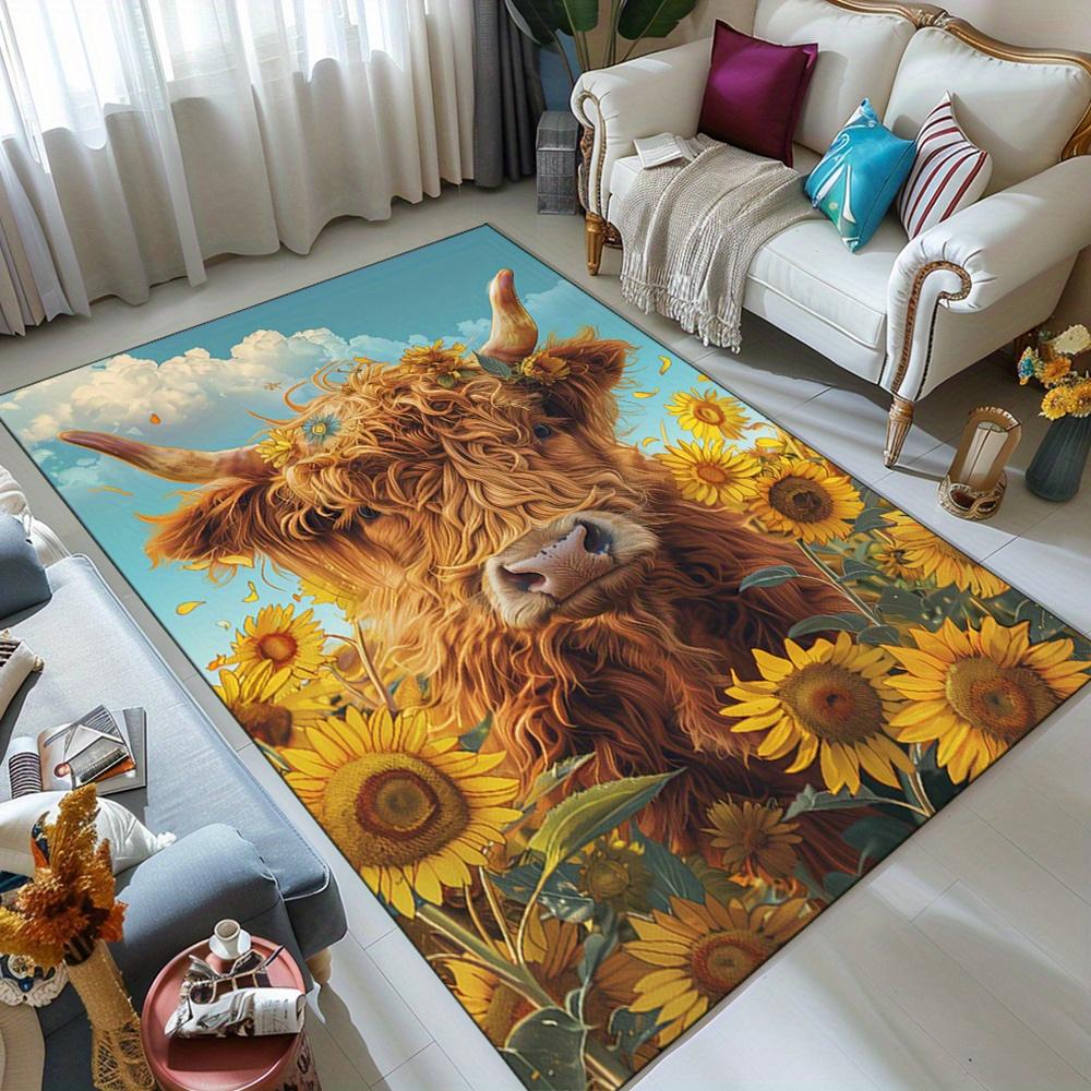 Large Highland Cattle & Sunflowers Printed Area Rug – Durable, Non-Slip Decorative Carpet for Bedroom, Kitchen, or Living Room,