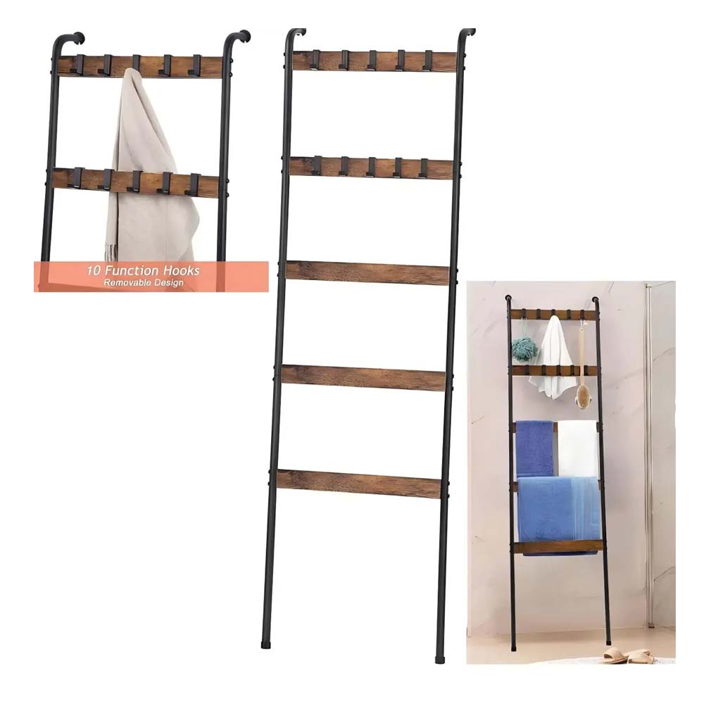 Rustic Brown 5-Tier Blanket Ladder with 10 Hooks - Wall-Leaning Storage for Living Room, Bedroom & Bathroom