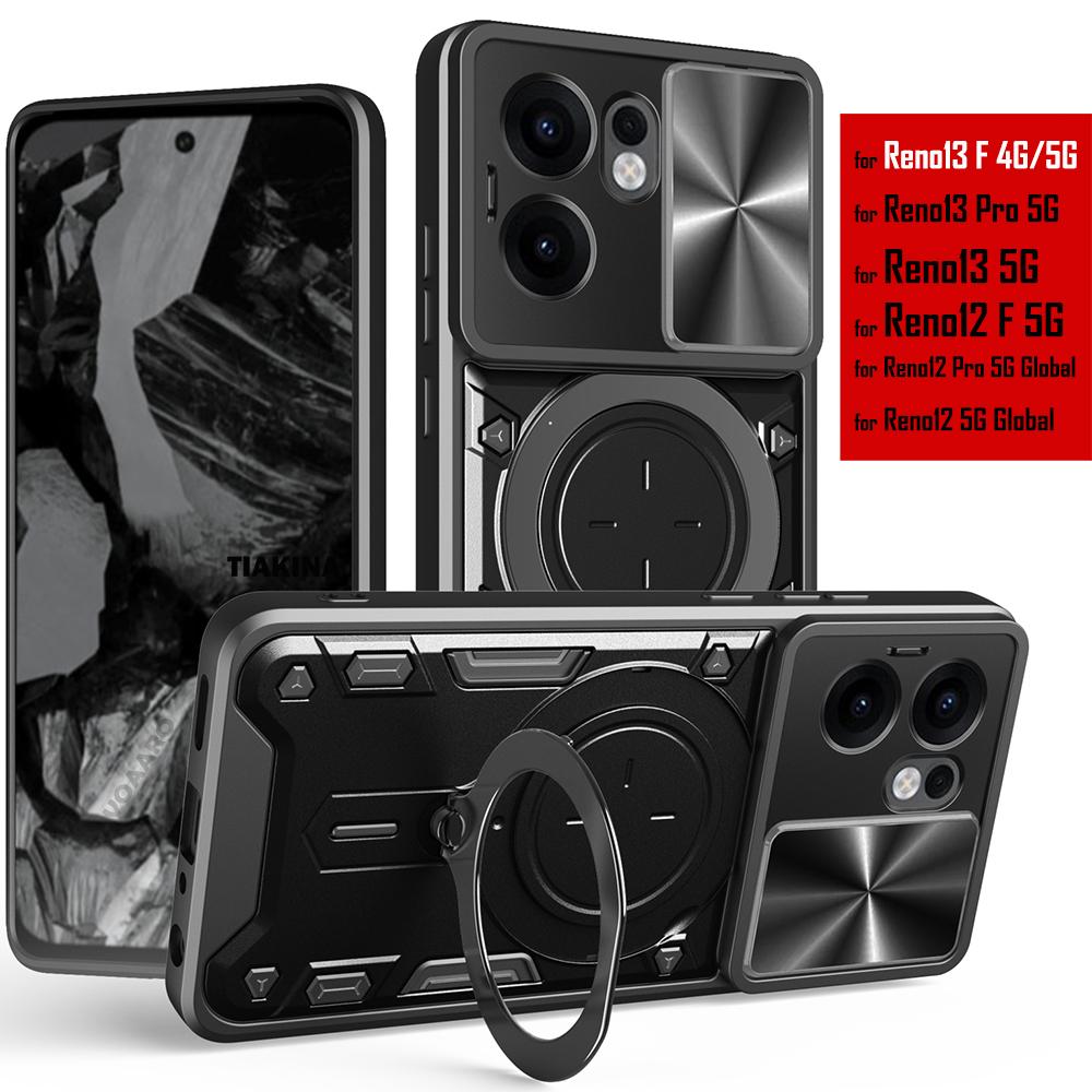 Slide Lens Push Window Armor Funda for OPPO Reno13 F Case for Reno12 Reno13 Reno 12 13 Pro F 5G Case Magnetic Ring Stand Cover