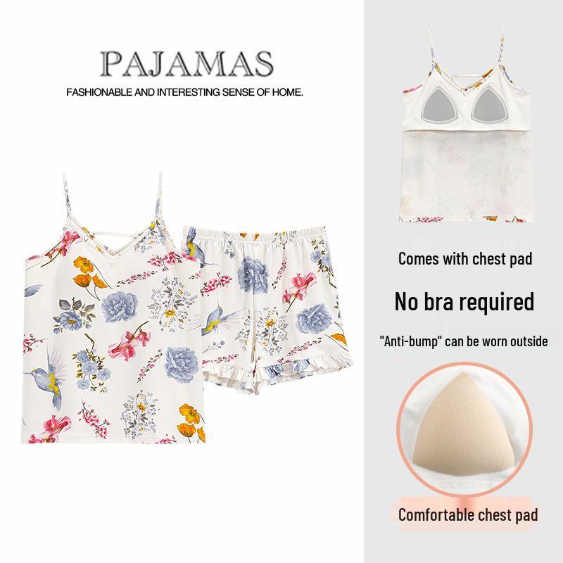 Women's Summer Cotton-Feel Pajama Set: Sexy Camisole and Shorts with Built-in Bra