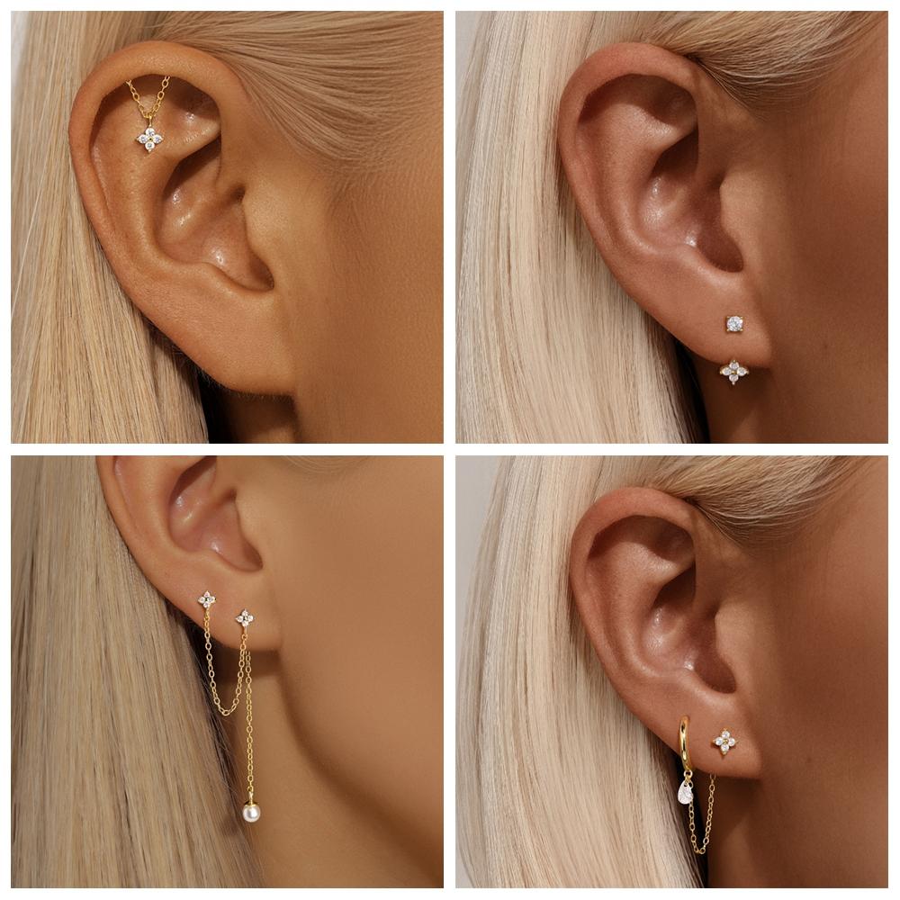 ROXI S925 Silver Petals Stud Earring Microinlaid Colorful Cubic Zirconia Chain Tassel Earrings For Women Dangle Earring