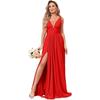 Evening dress   summer new deep V-neck split fork long chiffon bridesmaid pleated formal ball dress