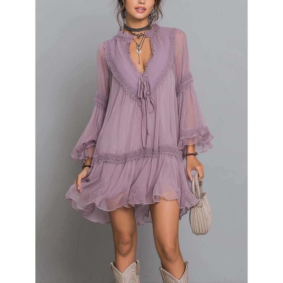 Women s V Neck Long Sleeve Lace Trim Mini Dress Loose Fit Tie Front Chiffon Casual Tunic Dress S