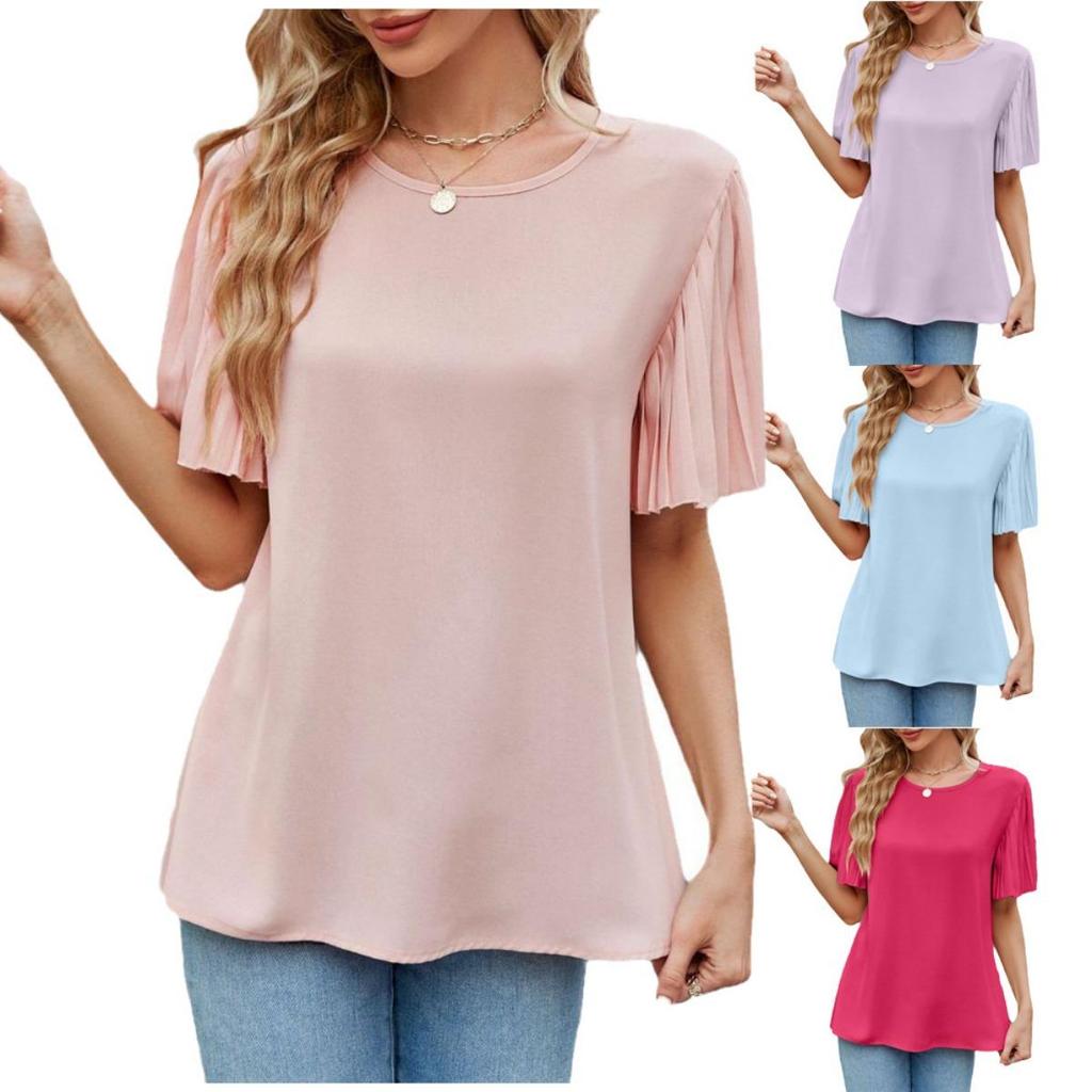 Flounce Sleeve Round Neck Top Ice Crinkle Fabric Women's Summer Fashion New Arrival for Crossborder America Europe
