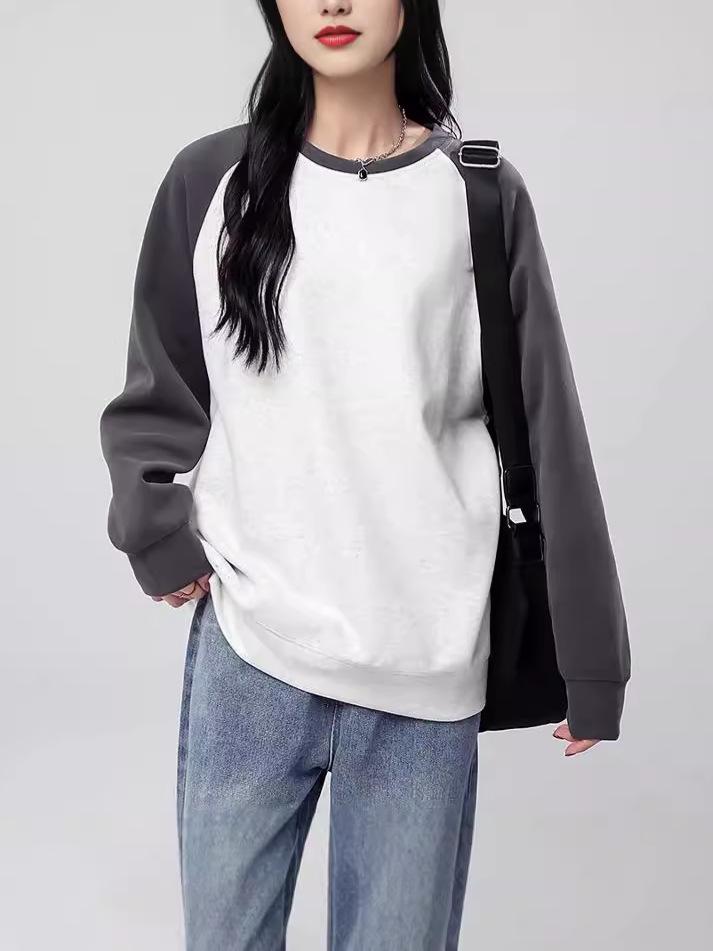 Women's Color Block Raglan Sweatshirt - Thin Long Sleeve, Round Neck, Drop Shoulder, Loose Fit for Autumn/Winter 2024