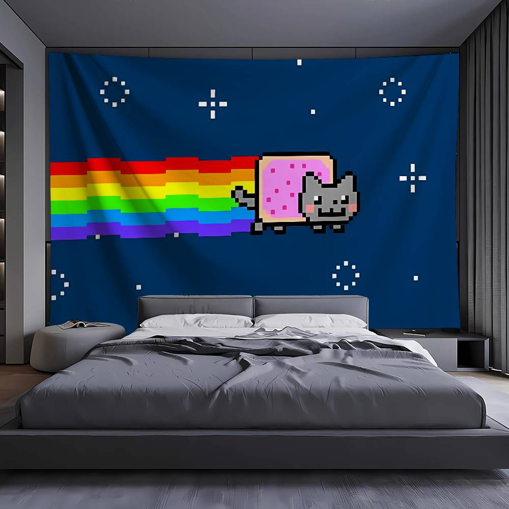 Rainbow Pixel Cat Tapestry Cute Meme Wall Hanging Retro Game Room Decor Kawaii Cartoon Wall Art Bedroom Dorm Decor