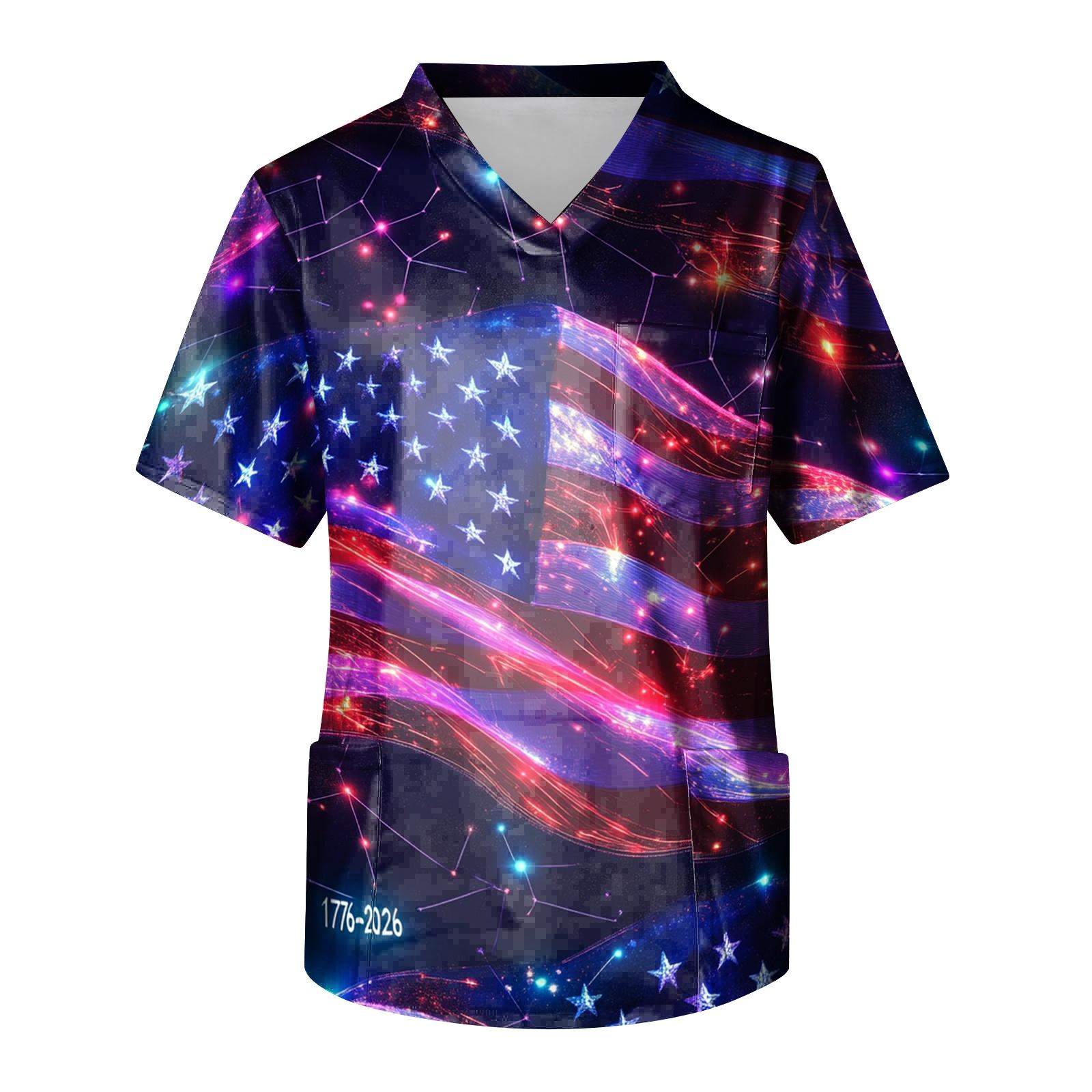 

Men s Independence Day Printed Medical Scrub Top V Neck with Tie Pocket Comfortable Fit Daily Workwear for Healthcare Professionals XXXL