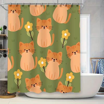 Decorative Cats Flowers Shower Curtain Green Bath Rug Set for Bathroom Decorations Cute Print Home Decoration Waterproof Fabric