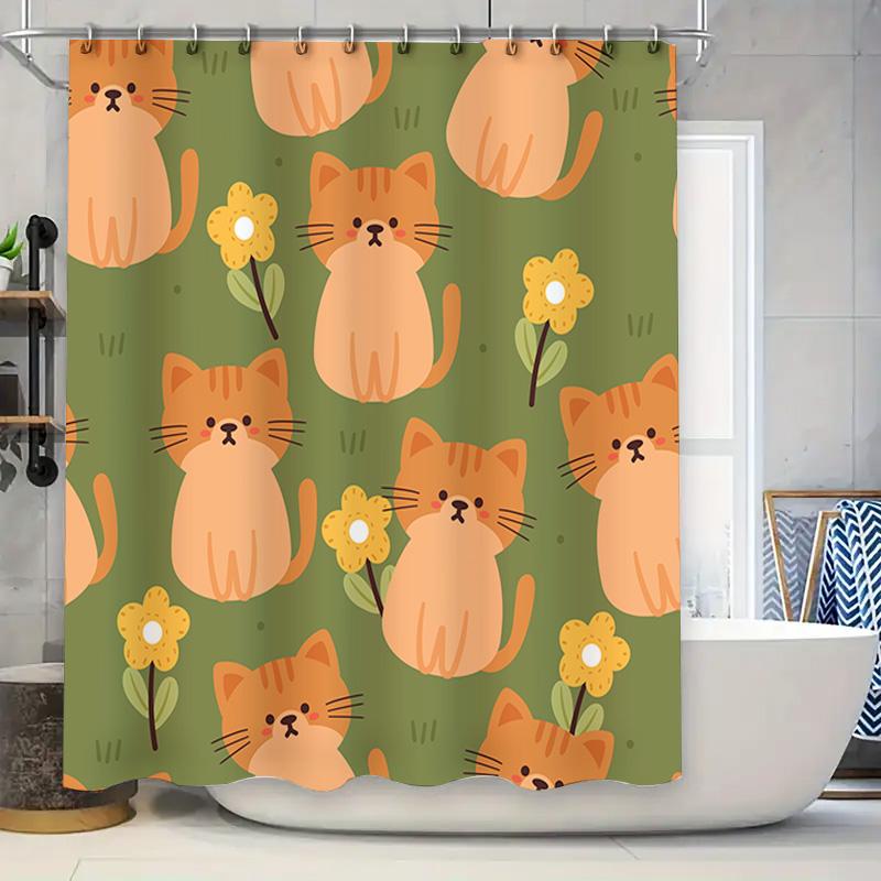 

Декоративные Кошки Цветы Шторка для душа Зеленый Набор ковриков для ванной для украшения ванной комнаты Милый принт Домашнее украшение Водонепроницаемая ткань 90x180cm