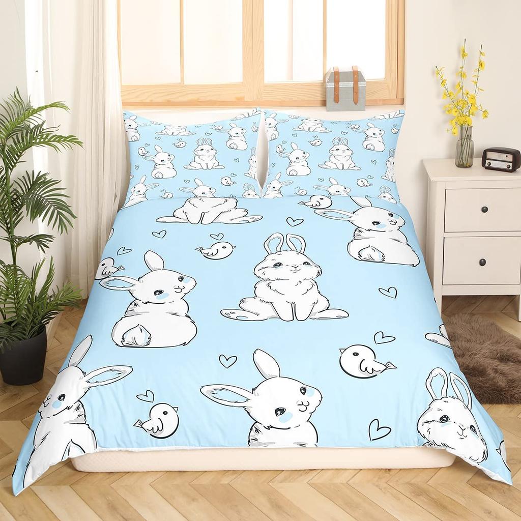 Rabbit Print Kids Girls King Queen Duvet Cover Cartoon Pink Little Bunny Comforter Cover Animal Floral Polyester Bedding Set