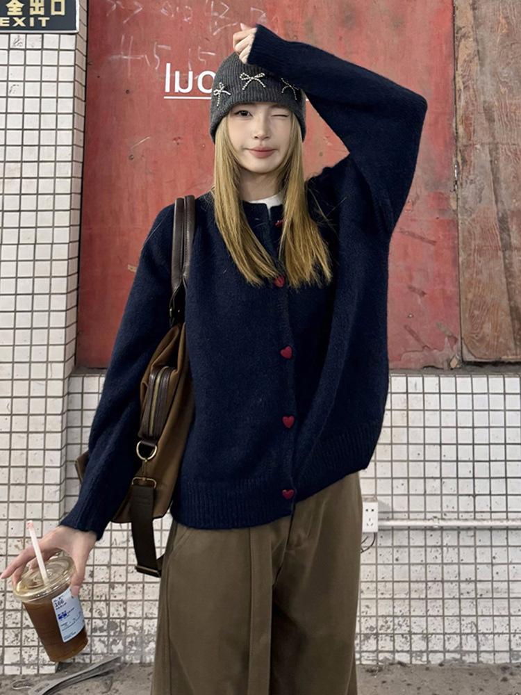 Fashionable chic love button jacket women's soft waxy knitted sweater cardigan autumn and winter casual lazy top long sleeve