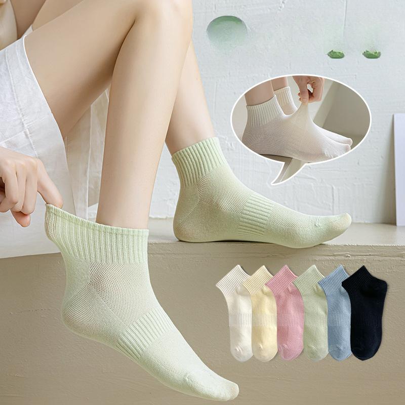 Women's Spring and Summer Thin Solid-color Cotton Socks, Women's Summer Mesh Sweat-absorbing Sports Boat Socks