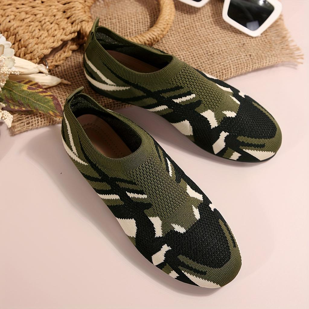 Women's Camouflage Pattern Flat Shoes, Breathable Knit Slip On Outdoor Shoes, Lightweight Low Top Shoes