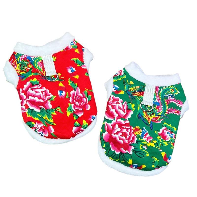 Doggy Clothes - Thickened for Autumn and Winter, Suitable for Outdoor Use. for Pets and Cats. Festive New Year Outfits with Big Flowers.