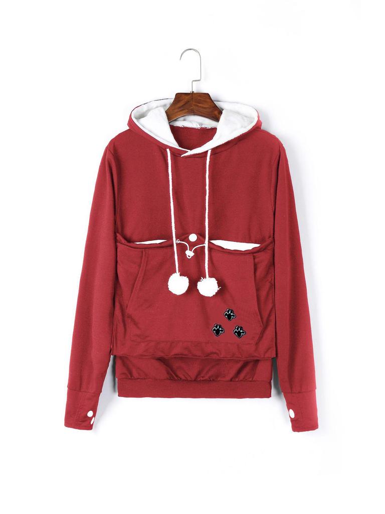 Embroidered Large Pocket Hooded Women's Sweatshirt - Autumn Thin Long-Sleeve