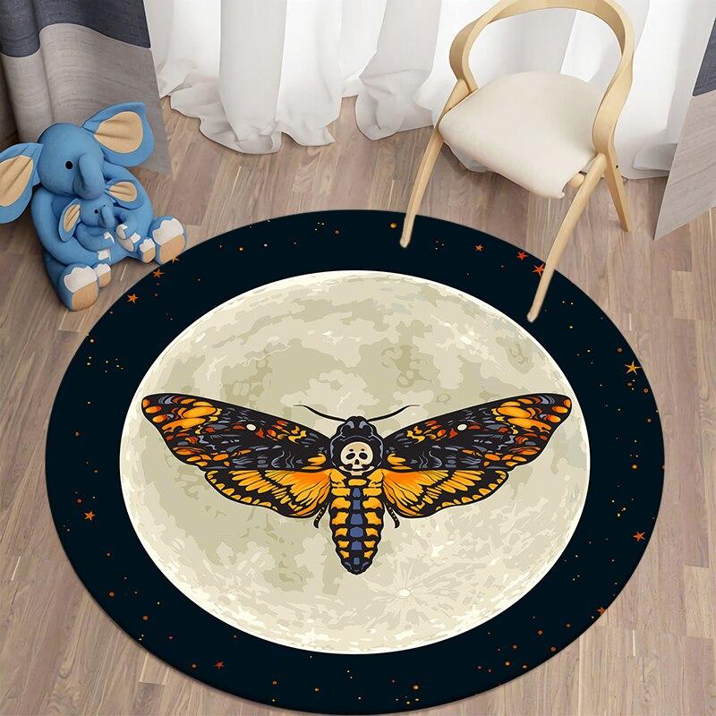 Alfombras de polilla de la muerte para sala de estar, alfombra redonda con calavera gótica, alfombra para suelo, alfombra con mariposa, luna y estrella, alfombra de poliéster