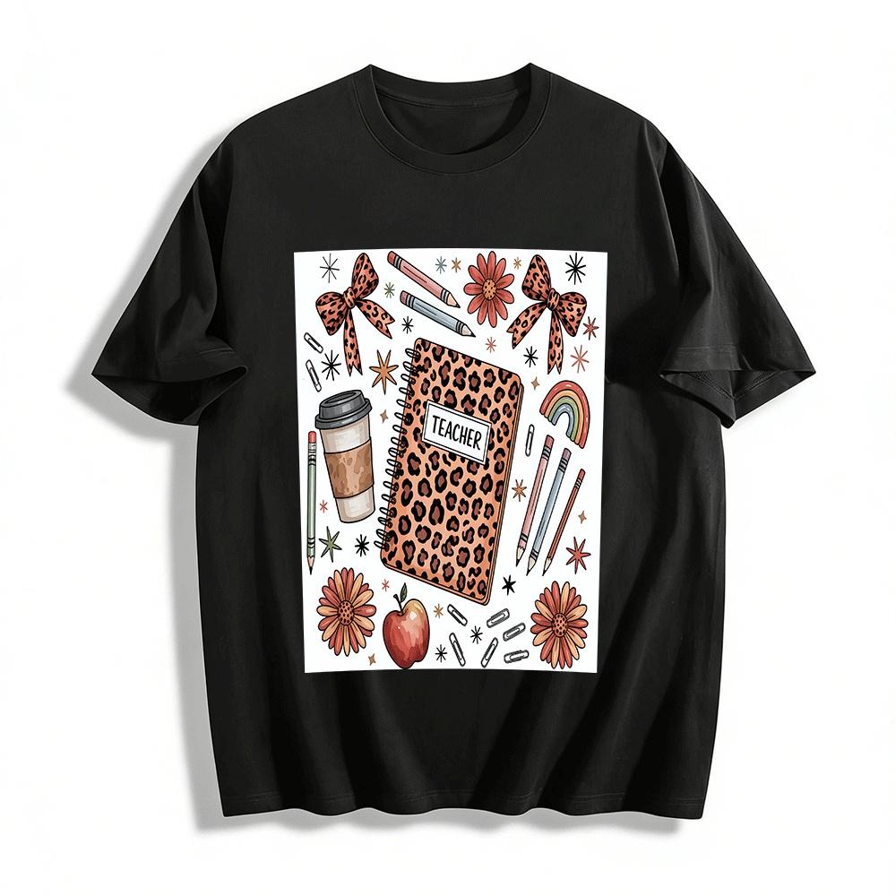 Leopard Print Teacher Themed Casual Top For Women Pure cotton T-shirt XXS