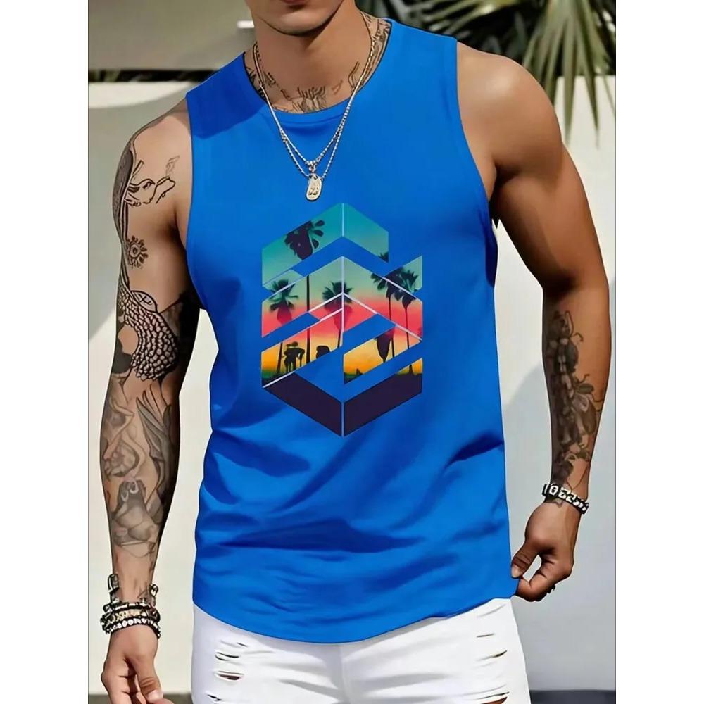 Summer Men's Large Size Colorful Creativity 3D Printing Vest Loose Fashionable Comfortable Soft Breathable O Neck Sleeveless Vest