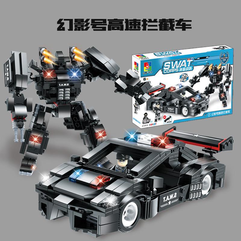 Building Block Toy Swat Team 2-In-1 Children'S Police Car Robot Assembly Model Small Particle Gift