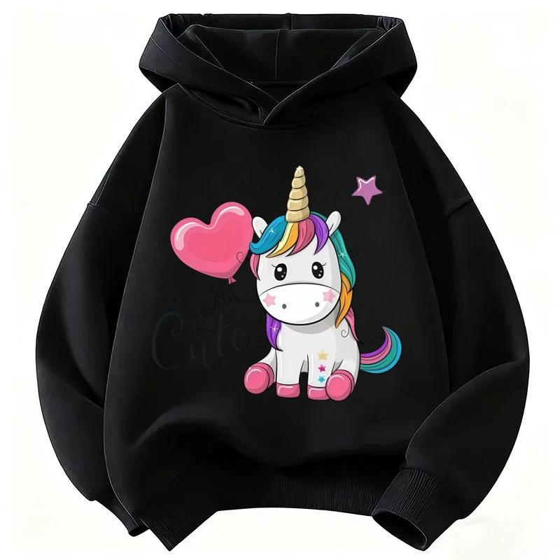 Classic children's comfortable hooded shirt with cute unicorn print, fashionable for sports,long-sleeved, casual pullover hoodie