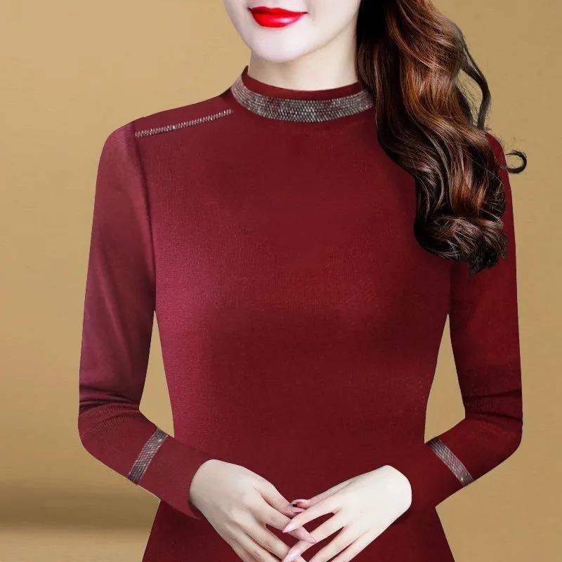 Autumn and Winter Half Turtleneck Long-sleeved T-shirt for Women with Perm and Temperament for Age-reducing Bottoming Shirt Top