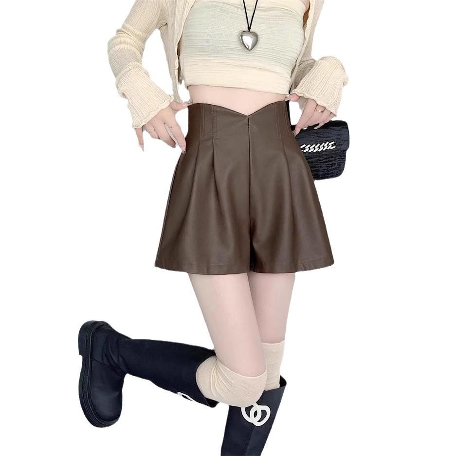 Women's Fall Winter Outer Wear High Waisted Slimming A-Line Wide Leg PU Leather Shorts Black Pants Mini Shorts Versatile Slim Fit Hot Pants