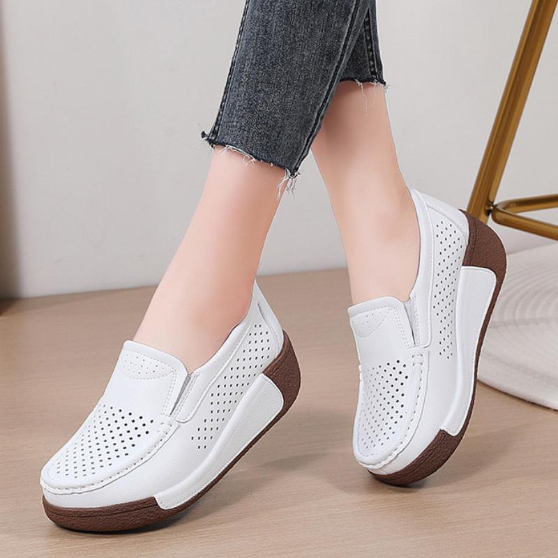 Hollowed-out Women Casual Walking Shoes Genuine Leather Rockers Shoes Fashion Loafers Elegant Mother Shoes