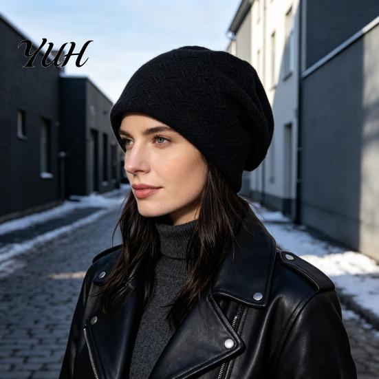 Layered Style Winter Beanies for Girls Knit Women, Thick Slouchy Skull Cap with Diamond Warm Woolen Cold Weather Texture, Soft Cozy Casual Hat Outdoor