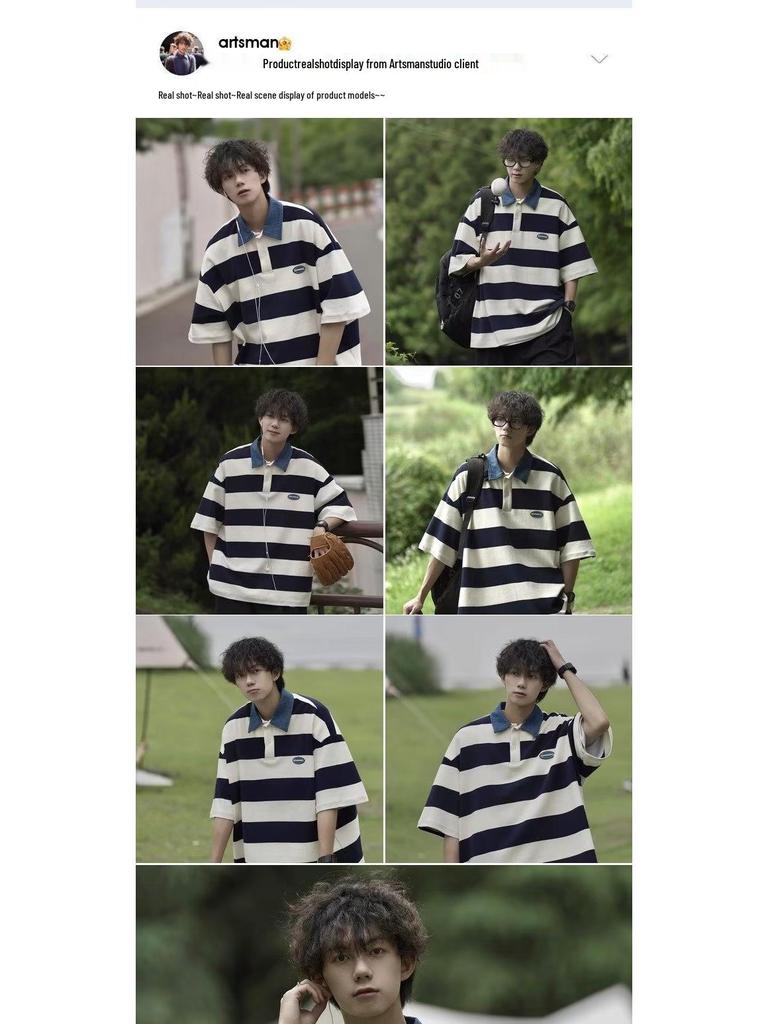 Koszulka polo w amerykańskim stylu retro w paski unisex – letni luźny krój, styl uniwersytecki, krótki rękaw dla modnych par