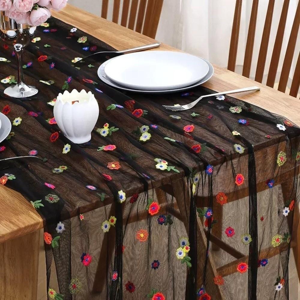 Colorful Flower Lace Tulle Runner Embroidery Daisy Floral Table Cover  for Bridal Shower