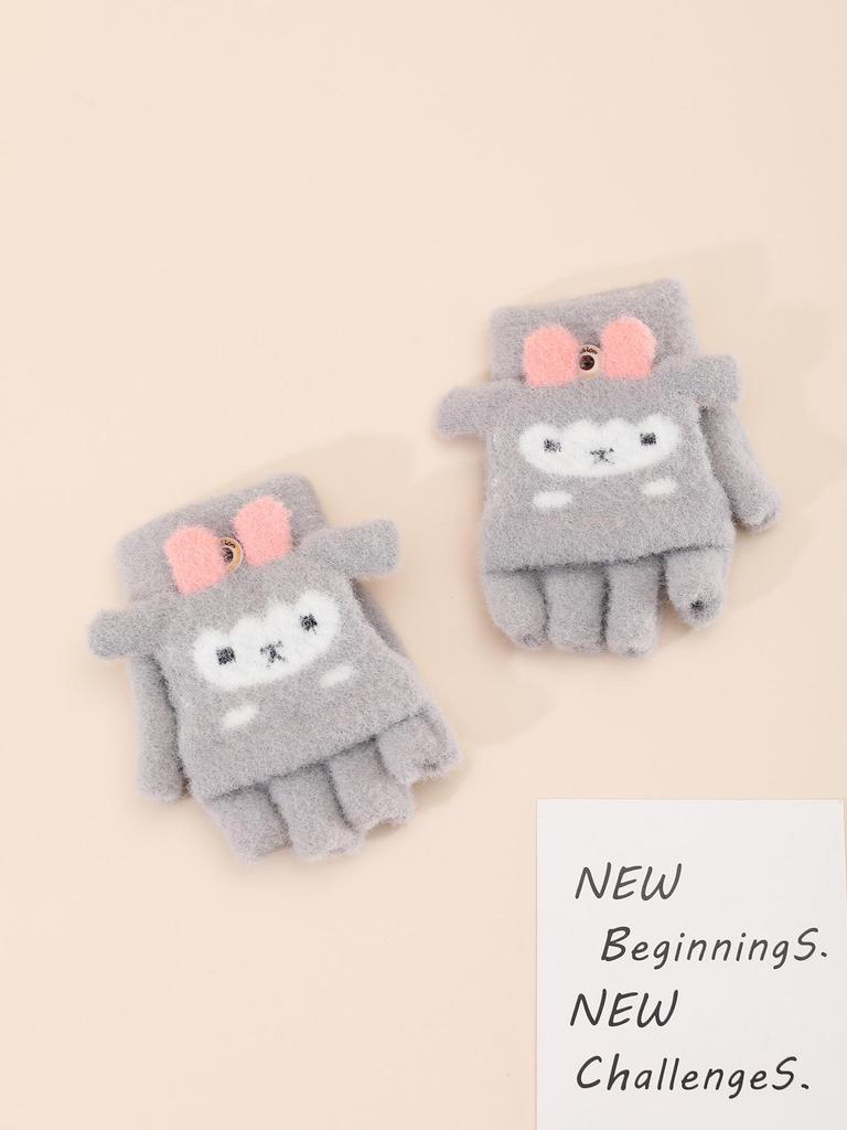New Little Sheep Cartoon Kids Convertible Warm Wool Gloves - Half-Finger Design, Thick and Cozy for Children