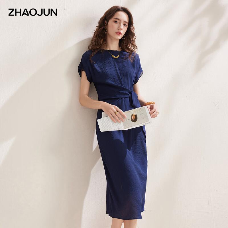 Zhaojun 2026 Summer Mulberry Silk Round Neck Tie-Waist Short Sleeve Midi Dress XL темно-синий