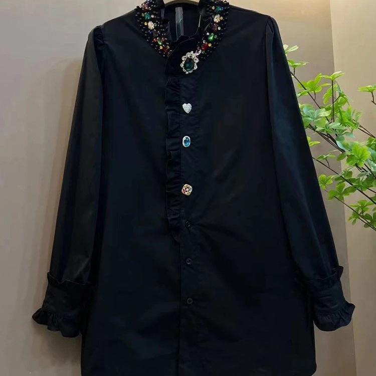 Plus Size Women's Long Sleeve Stand Collar Hotfix Shirt - Mature Style, Solid Color, Versatile Top