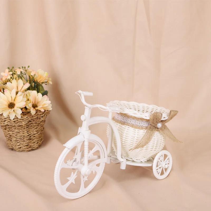 Handmade Rattan Flower Bike Vase Colorful Rose Flower Daisy Artificial Flower Pot for Home Wedding Decoration Storage Container