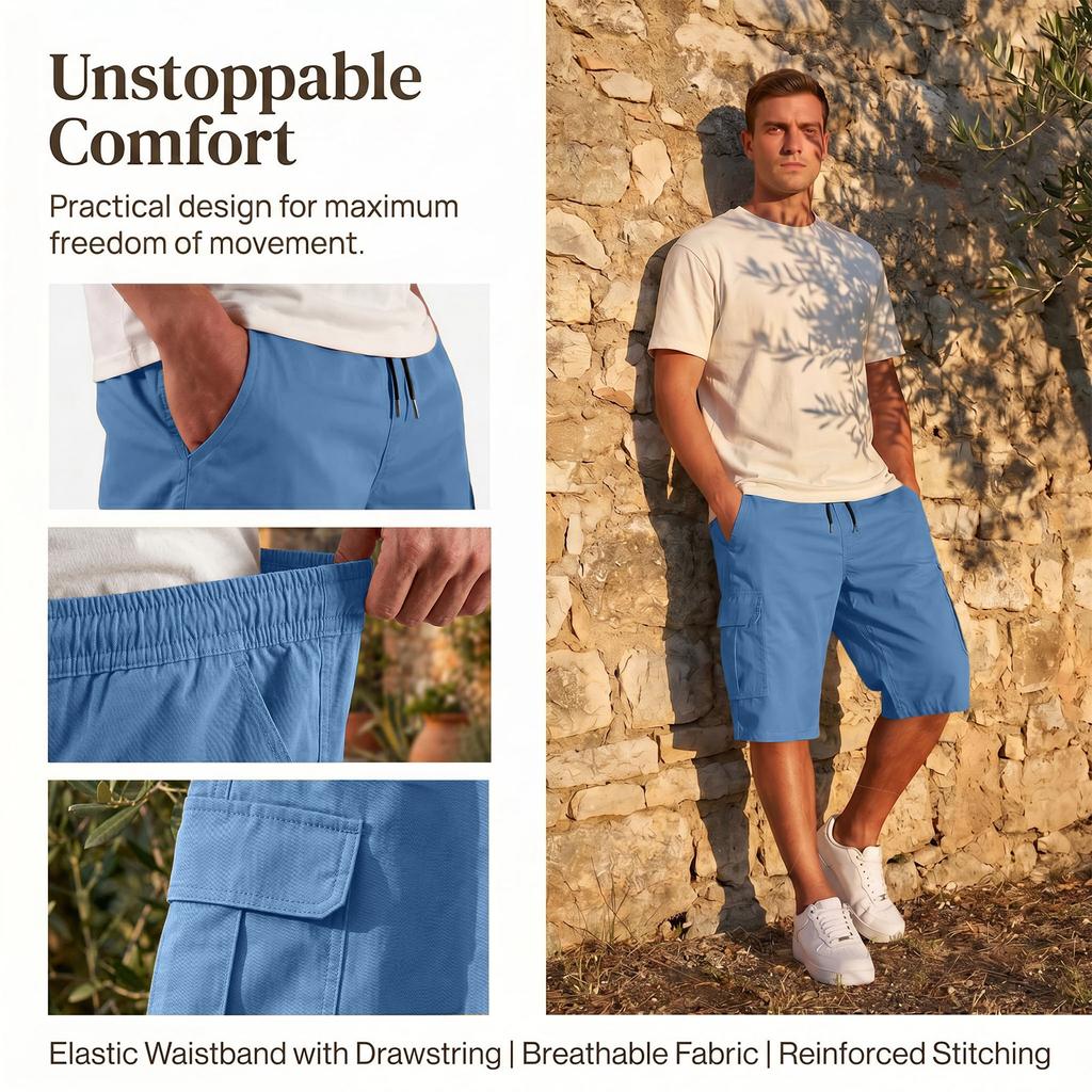 Men's Elastic Waist Cargo Shorts Adjustable Belt Multiple Pockets Casual Style Suitable for Hiking Worksite Summer Wear