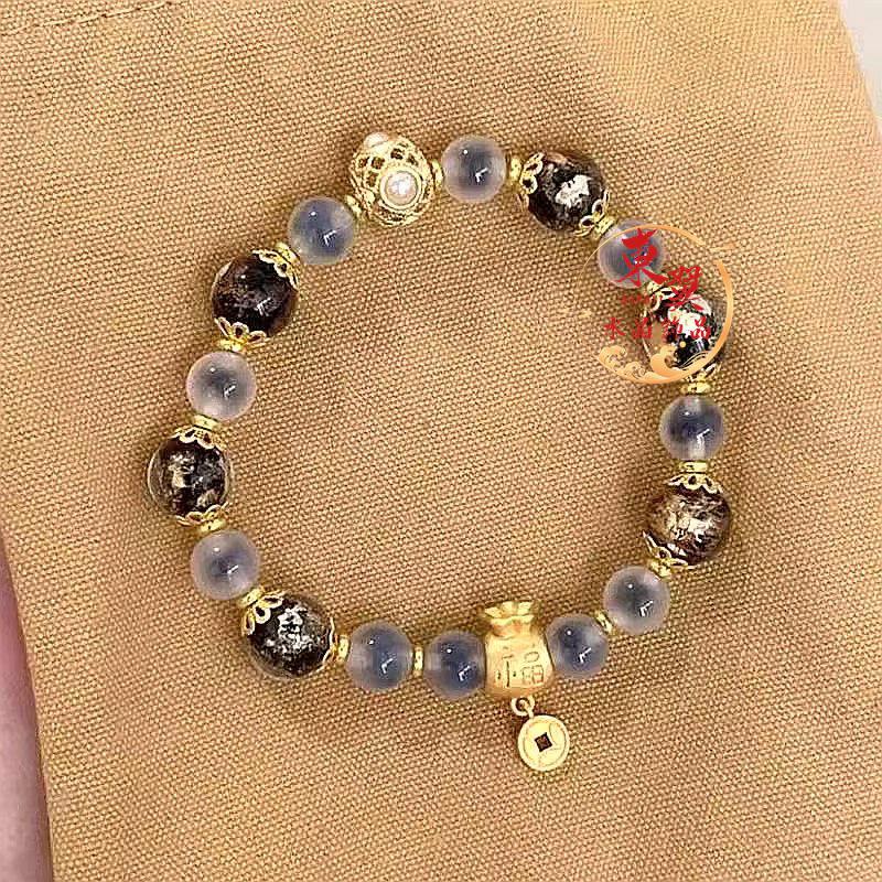 White Gold Foil Glass Bracelet with Sugar Heart Agate & Lucky Charm Beads