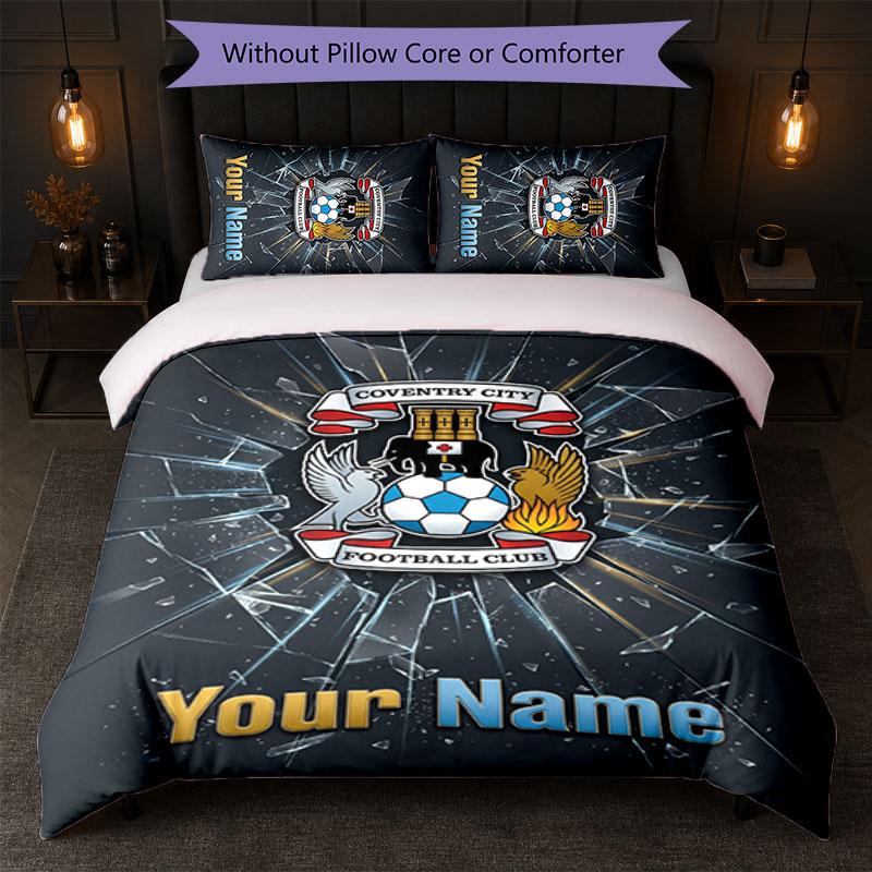Coventry City FC Benutzerdefinierter Name Text Bettwäsche-Set 1 Bettbezug+2 Kissenbezüge Fußball-Logo Personalisierte Geschenk für Besonderen Anlass Schlafzimmer Dekoration
