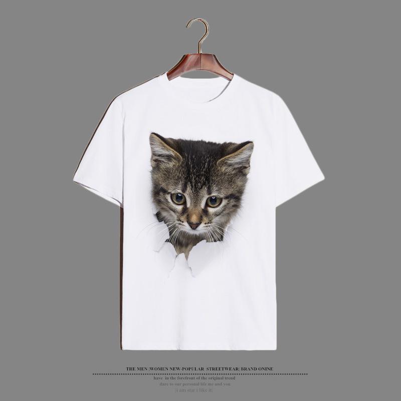 Cat Printed Oversized Loose Casual Cotton Round Neck Short Sleeved Shirt with Worn Clothes T-Shirts Women’s