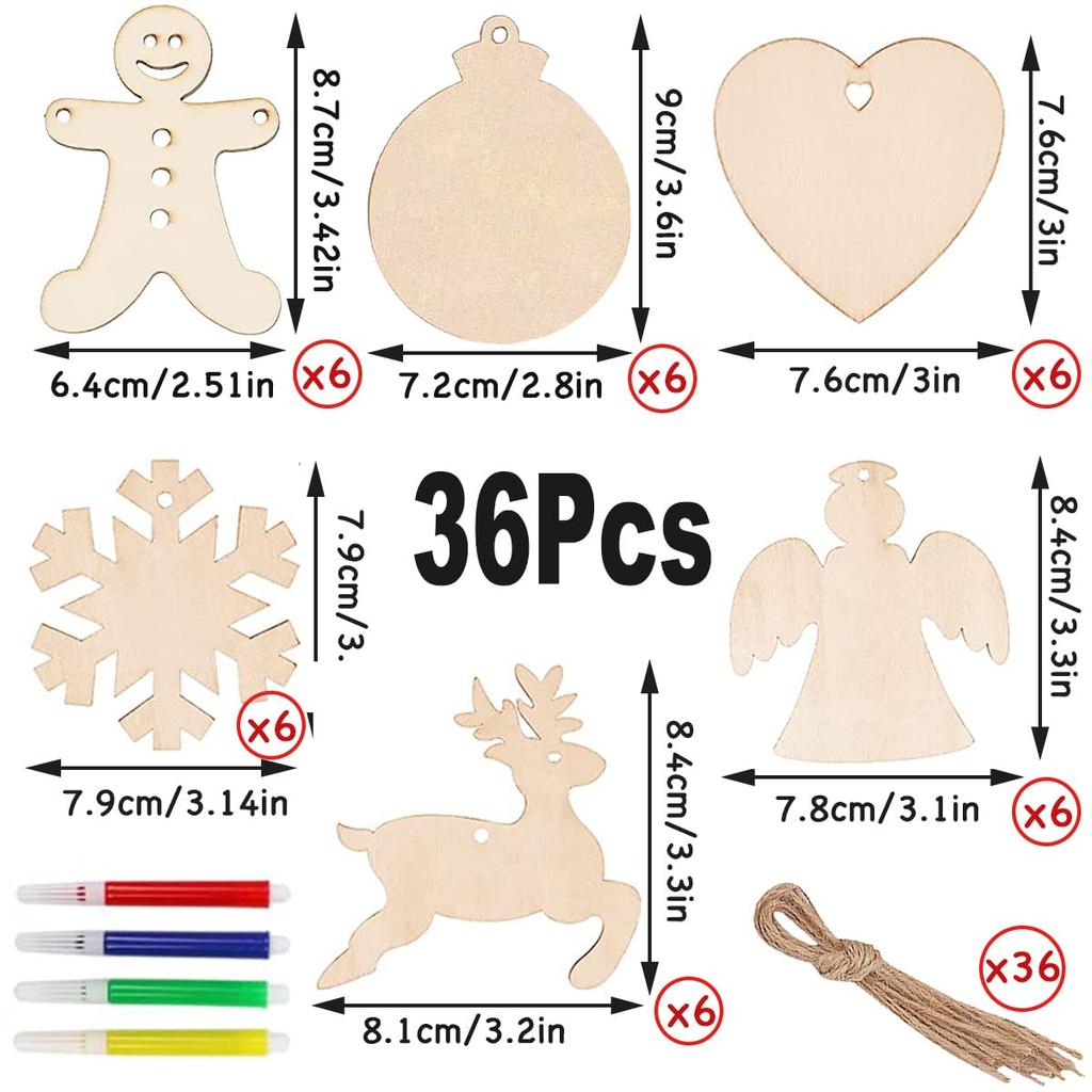 Drewniane ozdoby świąteczne diy 36 sztuk markery sznurek na boże narodzenie