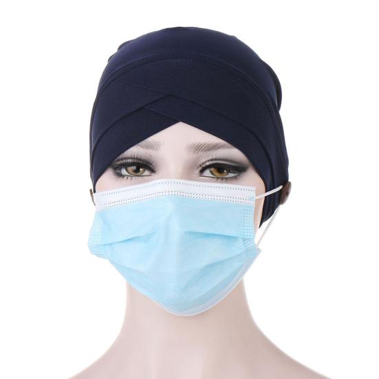 Women Solid Color Front Cross Beanie Bonnet Breathable Hat Cap with Button