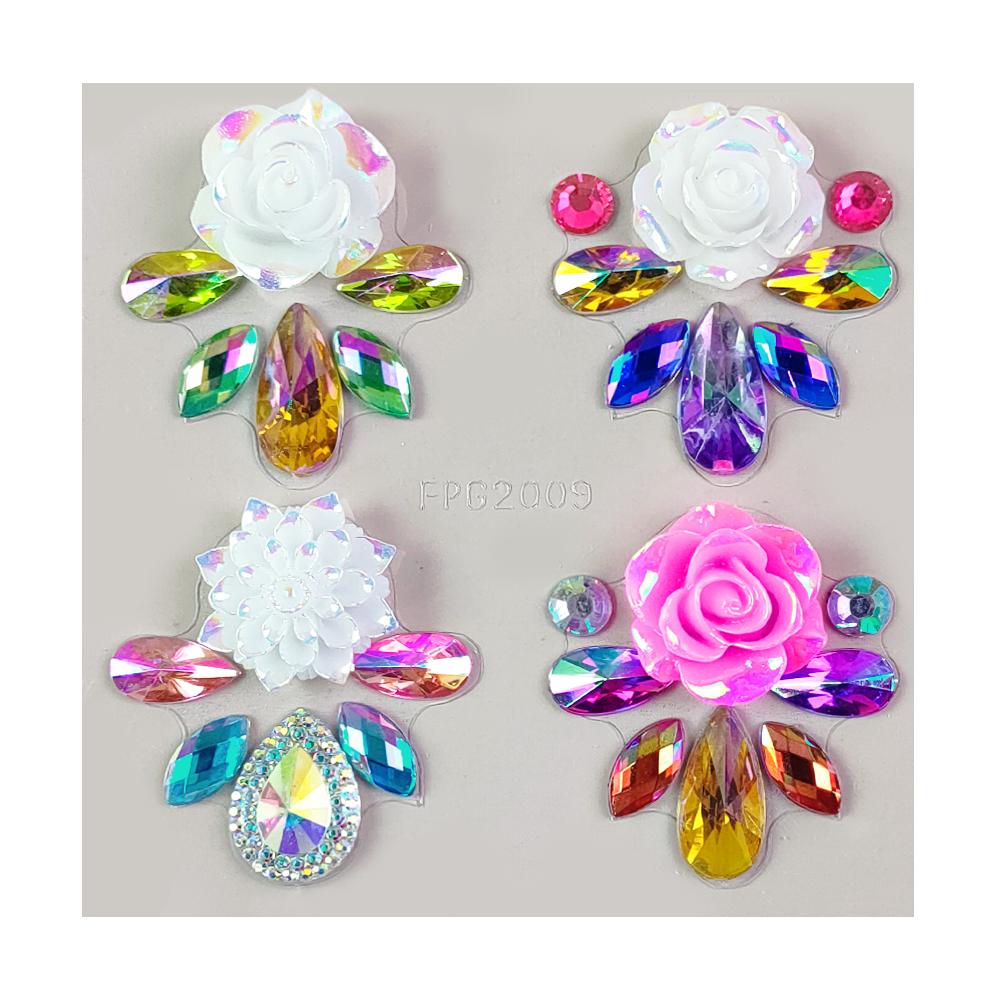 Festival Party Body Art Temporary Tattoo Sticker Set Rhinestone Face Gem & Rainbow Flower Jewels Adhesive for Body Decorations