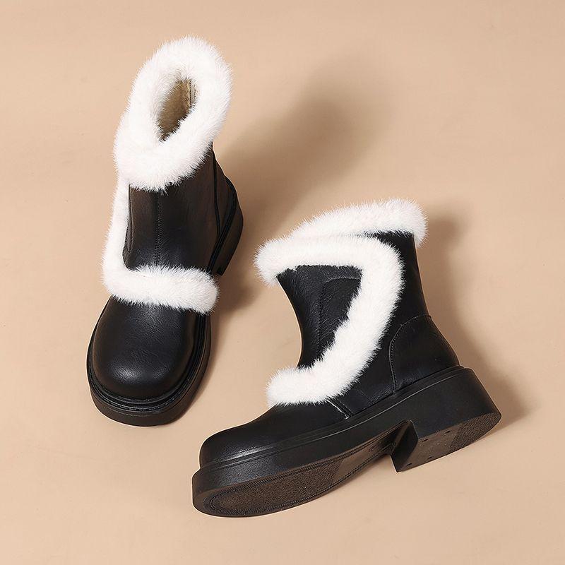 Winter Round Toe Chunky Snow Boots for Women Leather Plush Footwear Trend 2025 Padded Booties Goth Furry New In Woman Shoes Sale