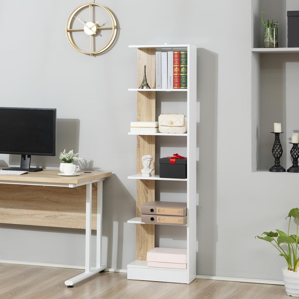 Estantería de Almacenamiento con 5 Compartimentos Abiertos Diseño Moderno Simple Ideal para Sala de Estar Dormitorio Oficina 45 x 21 x 170 cm Blanco y Roble